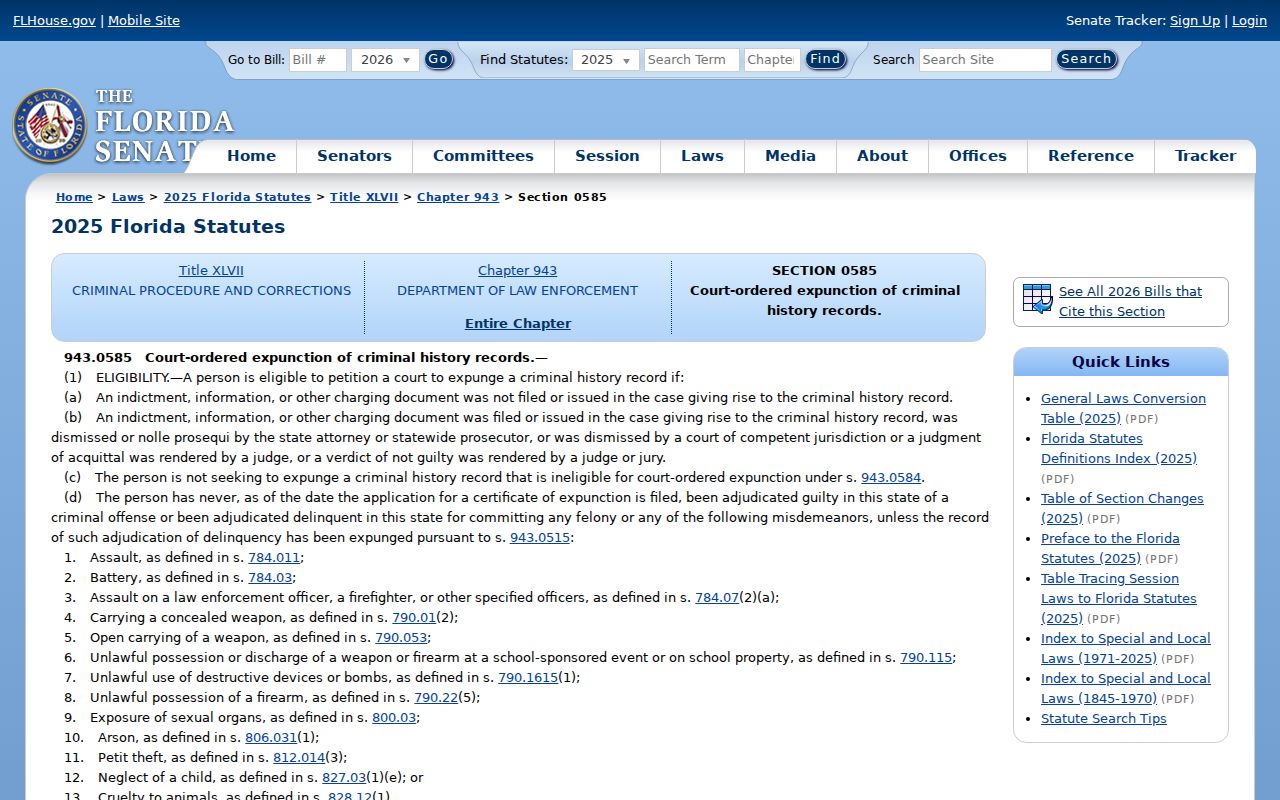 Florida expunction statute relevant to Okeechobee arrest records